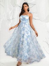 Elegant Women's Organza Floral Print Pleated Belted Cami Dress